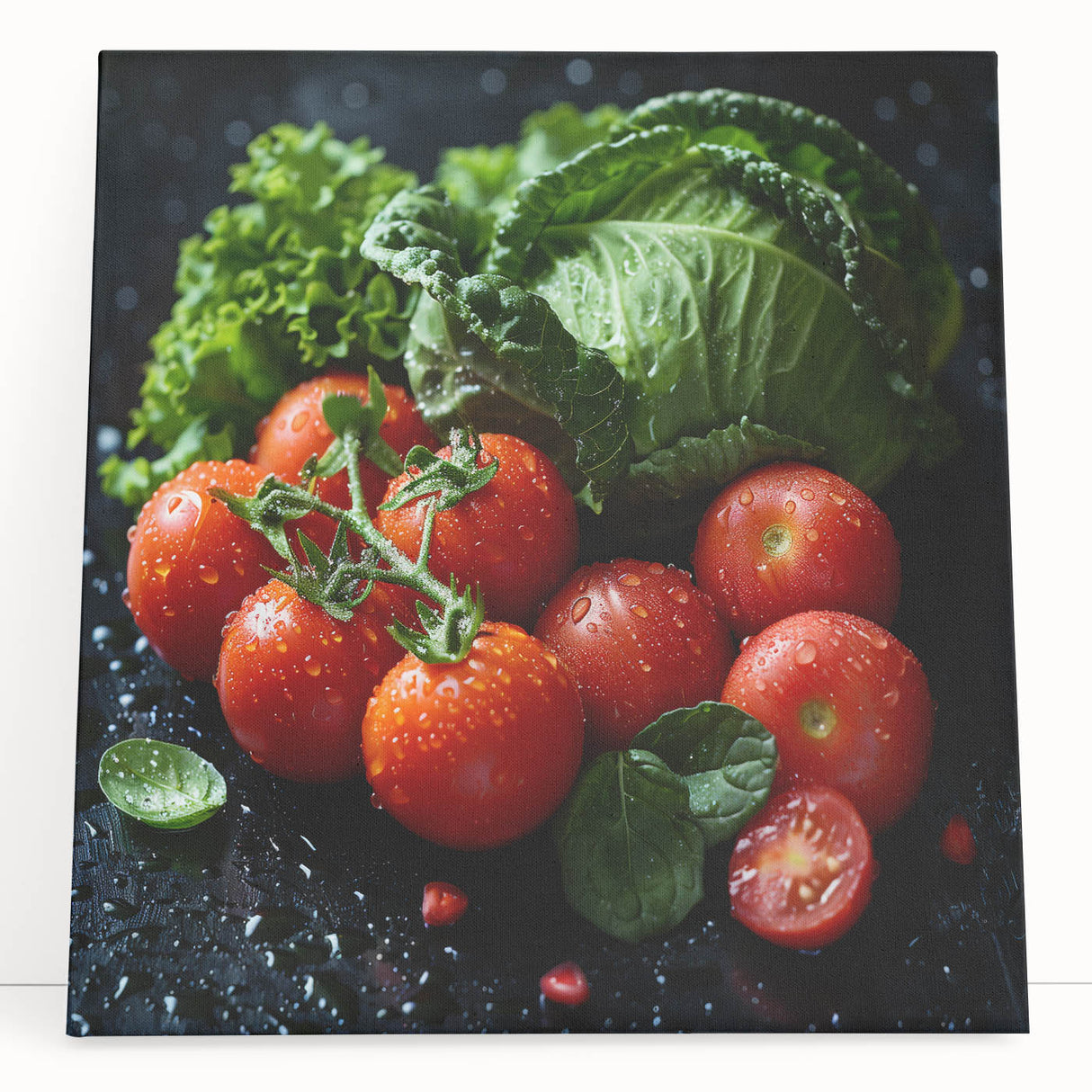 Black and white photo of assorted fruits on stretched canvas, ideal for kitchen wall art.