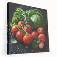 Large art depicting various fruits in vibrant colors on stretched canvas, ideal for kitchen wall decor.