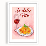 Abstract art print featuring multicolored geometric shapes, framed with a white mat, suitable for dining room decor.