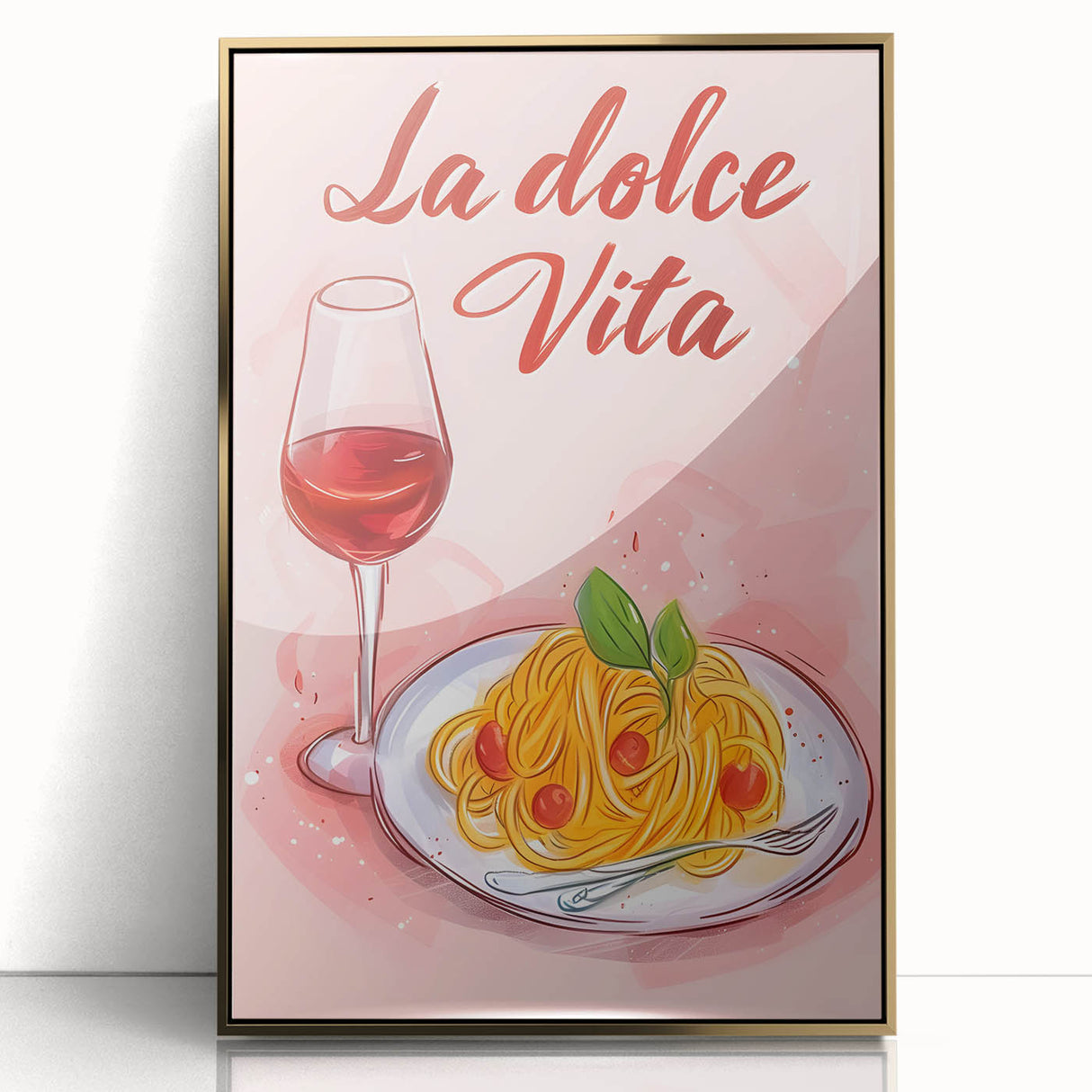 Large acrylic print featuring mid-century modernist food illustrations in gold and white, suitable for modern kitchen decor.