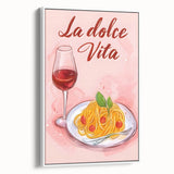 Extra large framed canvas featuring vintage poster art of colorful culinary motifs on a black background.