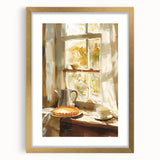 Extra large abstract art print featuring assorted pastries in soft pastel hues, framed in gold, ideal for living room decor.