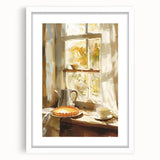 Abstract art print of assorted pastries in soft beige and cream tones, framed in white, suitable for dining room decor.