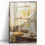Mid-century modernist art of assorted pastries in muted colors, framed acrylic print, suitable for nursery wall art.