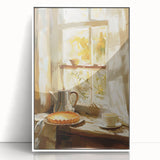 Acrylic print of assorted pastries in art deco style, with muted pastel colors, framed in white.
