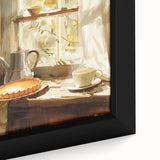 Close-up of extra large black wall art on framed canvas, featuring colorful, textured depictions of various pastries.