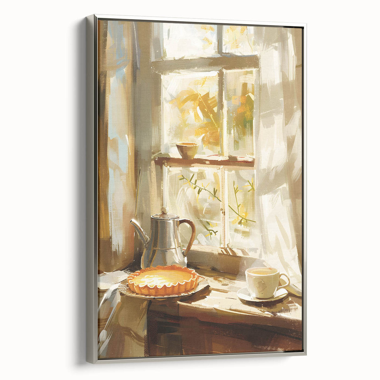 Landscape art painting of colorful pastries on a black background, presented in a silver-framed canvas.