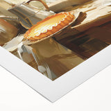 Art deco poster of assorted pastries in muted beige and brown, printed on rolled canvas, suitable for dining room decor.