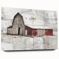 Acrylic glass wall art featuring a vibrant landscape design of a rustic barn, showcased from the side with decorative pins, perfect for farmhouse decor.
