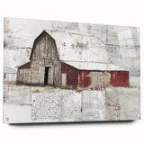 Acrylic glass wall art featuring a vibrant landscape design of a rustic barn, showcased from the side with decorative pins, perfect for farmhouse decor.