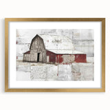 Framed landscape barn wall art in gold with a mat, showcasing rustic charm. Perfect for home decor, adding warmth and elegance to any room setting.