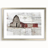 Framed landscape barn wall art with a silver mat, showcasing rustic charm and serene countryside imagery, perfect for enhancing home decor aesthetics.