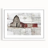 Framed landscape barn wall art with a white mat, showcasing rustic charm and natural tones, perfect for home decor in farmhouse settings.