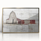 Framed acrylic wall art featuring a rustic barn landscape design in gold tones, perfect for farmhouse decor. Ideal for adding warmth and character to any room.