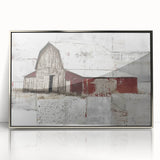 Framed acrylic wall art depicting a serene landscape with a rustic barn, set in a silver frame, perfect for enhancing home decor and adding a touch of tranquility.