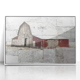 Framed acrylic wall art showcasing a picturesque landscape of a rustic barn, presented in a sleek white frame, ideal for enhancing home decor. The vibrant colors and detailed imagery create a warm, inviting atmosphere perfect for country-themed interiors.