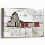 Framed canvas wall art showcasing a stunning landscape of a barn in rich golden hues, perfect for rustic home decor. The side view highlights the elegant frame and texture, ideal for enhancing any living space.