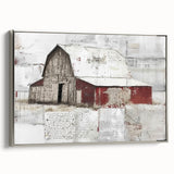 Framed canvas wall art showcasing a serene landscape with a barn, featuring a silver frame that enhances its elegance, perfect for rustic home decor.
