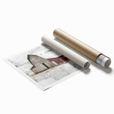 Rolled landscape barn wall art print showcasing a serene countryside scene with vibrant colors and intricate details, packaged securely in a cardboard tube for delivery.