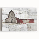 Stretched canvas art depicting a rustic barn landscape with vibrant colors and rich textures, ideal for farmhouse decor or nature-themed interiors.