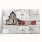 Stretched canvas wall art depicting a serene landscape with a barn, featuring vibrant greens and soft blue skies, perfect for rustic home decor.