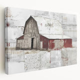 Stretched canvas wall art depicting a serene landscape scene with a rustic barn, featuring vibrant colors and detailed textures, ideal for farmhouse decor.