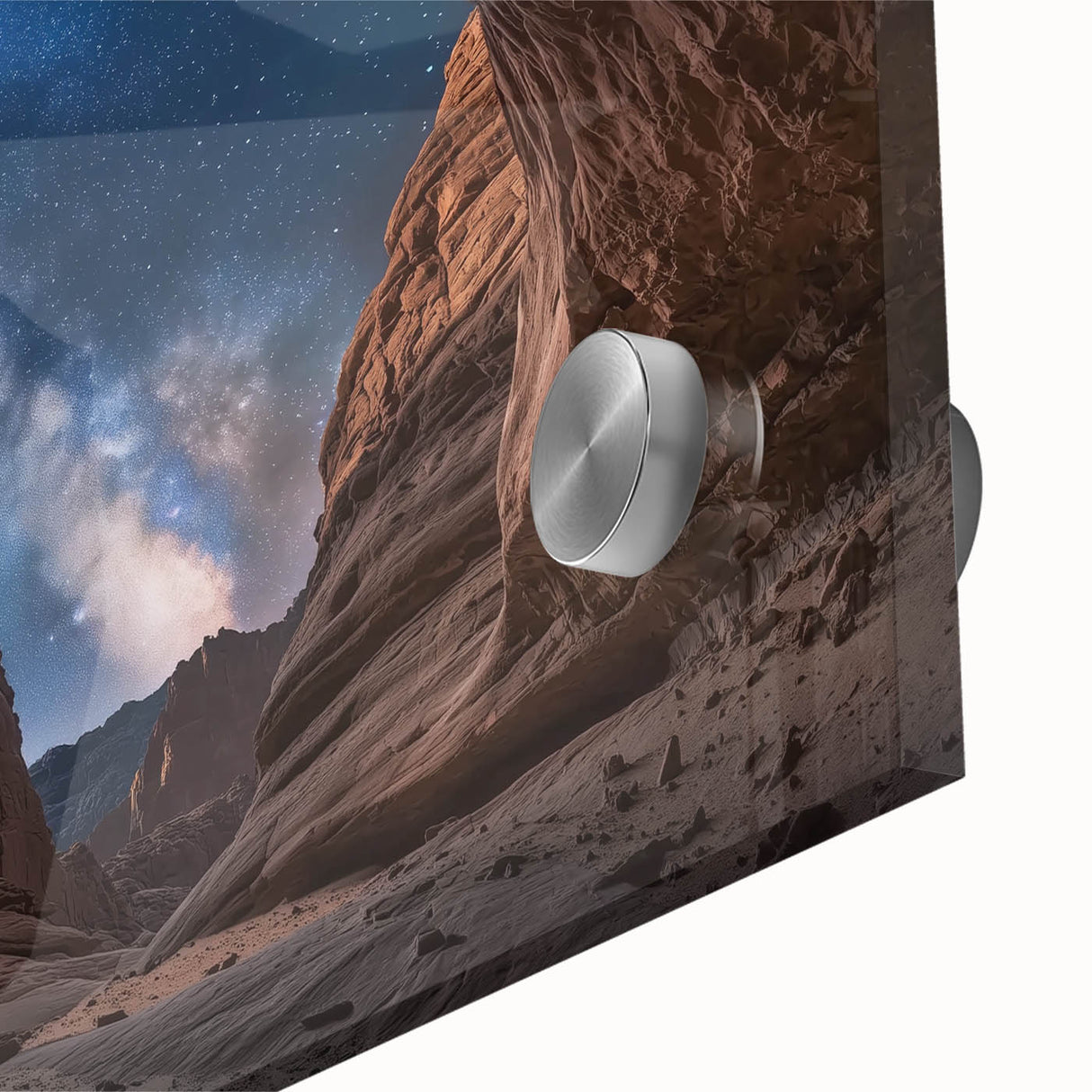 Close-up view of an acrylic glass artwork depicting vibrant canyons, showcasing intricate textures and colors, ideal for modern home decor or art enthusiasts.