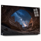 Landscape acrylic glass artwork depicting vibrant canyons, showcasing rich colors and intricate details, framed with stylish pins for an elegant display.
