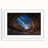 Landscape artwork featuring a canyon scene, framed with a white mat, showcasing vibrant colors and intricate details, perfect for home decor or office enhancement.