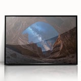 Framed acrylic artwork showcasing a stunning landscape of canyons in vibrant colors, with a sleek black frame enhancing the visual appeal, perfect for home decor.
