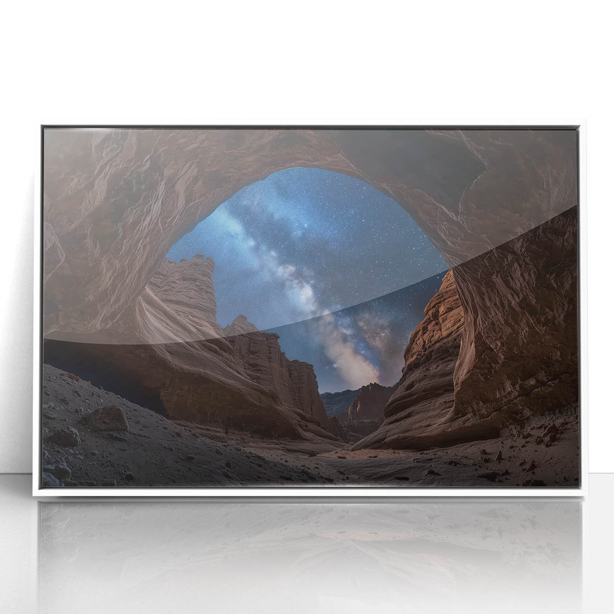 Framed acrylic artwork depicting a stunning landscape of canyons, featuring vibrant colors and intricate details, perfect for enhancing any modern decor setting.
