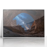 Framed acrylic artwork depicting a stunning landscape of canyons, featuring vibrant colors and intricate details, perfect for enhancing any modern decor setting.