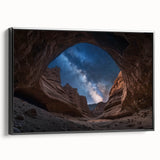 Framed canvas artwork showcasing a stunning landscape of canyons, featuring rich earthy tones and intricate details, presented in a sleek black frame. Perfect for enhancing home decor.