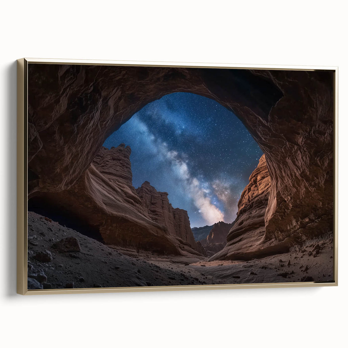 Framed canvas artwork depicting a stunning landscape of canyons, showcasing vibrant colors and intricate details with a luxurious gold frame, perfect for home decor.