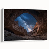 Framed canvas artwork of a stunning landscape featuring majestic canyons in rich earthy tones, displayed in a sleek white frame, perfect for enhancing home decor.