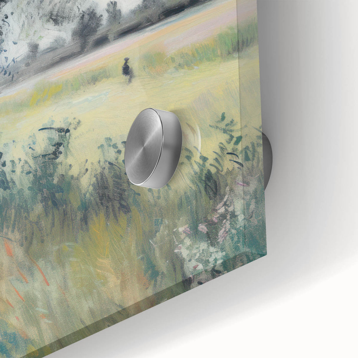 Close-up view of an acrylic glass artwork showcasing vibrant landscapes with intricate details and vivid colors, perfect for modern home decor.