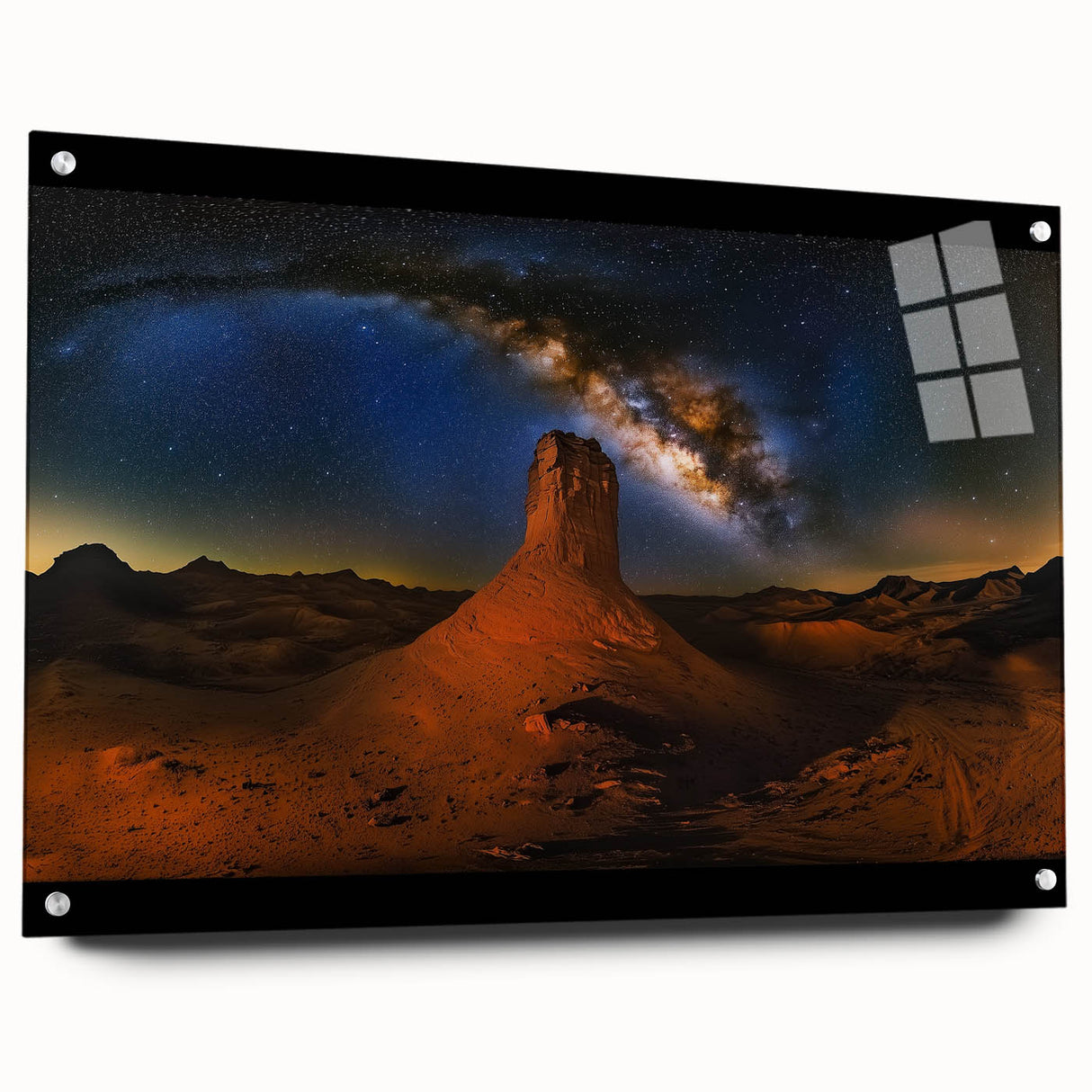 Acrylic glass artwork showcasing a vibrant desert landscape in a side view, featuring intricate pin details, ideal for modern home decor.