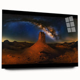 Acrylic glass artwork depicting a serene desert landscape in warm hues, showcasing mountains and a clear blue sky, perfect for modern home decor.