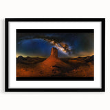 Desert landscape framed artwork in a sleek black frame with a white mat, showcasing vibrant colors and intricate details, perfect for modern home decor.