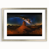 Desert landscape framed artwork with a silver mat, showcasing vibrant colors and intricate details, perfect for modern home decor or office settings.