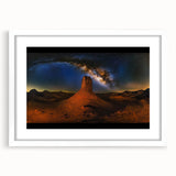 Desert landscape art print displayed in a white mat frame, featuring warm tones of orange and beige, ideal for enhancing modern home decor.