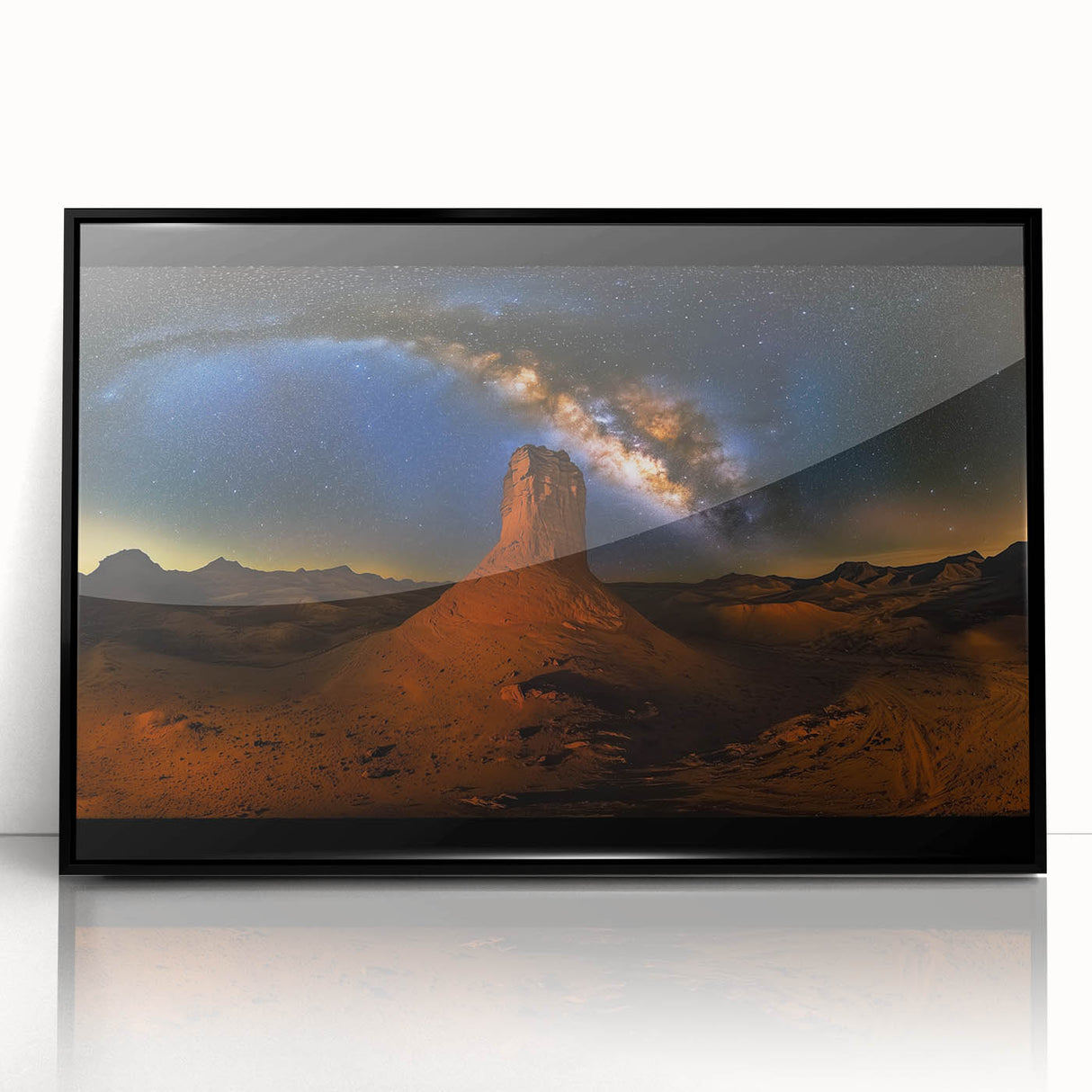 Framed acrylic artwork showcasing a vibrant desert landscape with rich colors and intricate details, designed to enhance modern home decor with a sleek black frame.