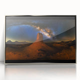 Framed acrylic artwork depicting a serene desert landscape with soft dunes and a vibrant sunset, showcasing warm hues of orange, yellow, and purple, ideal for home decor.