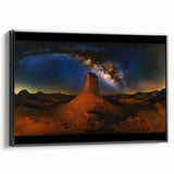 Framed canvas print showcasing a stunning desert landscape in warm tones, featuring black framing and side view details that enhance its elegant presentation.