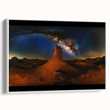 Framed canvas artwork depicting a serene desert landscape with warm tones of orange and yellow, mounted on a white frame, ideal for modern home decor.