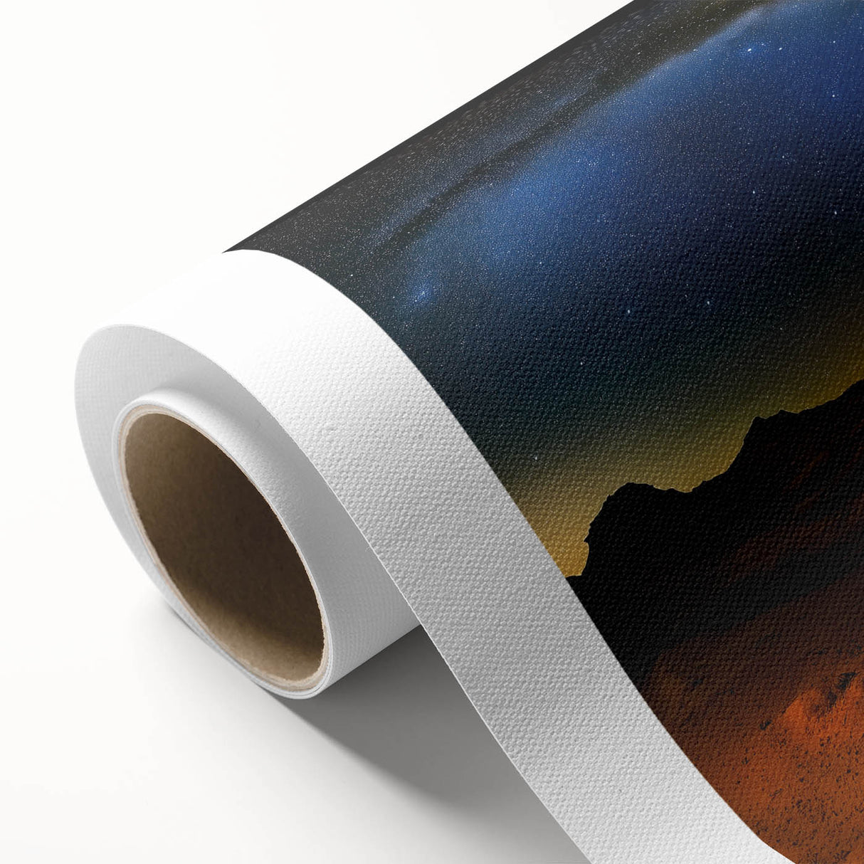 Desert landscape rolled canvas artwork showcasing vibrant orange and yellow hues at sunset, perfect for home decor or art enthusiasts, packaged securely in a cardboard tube.