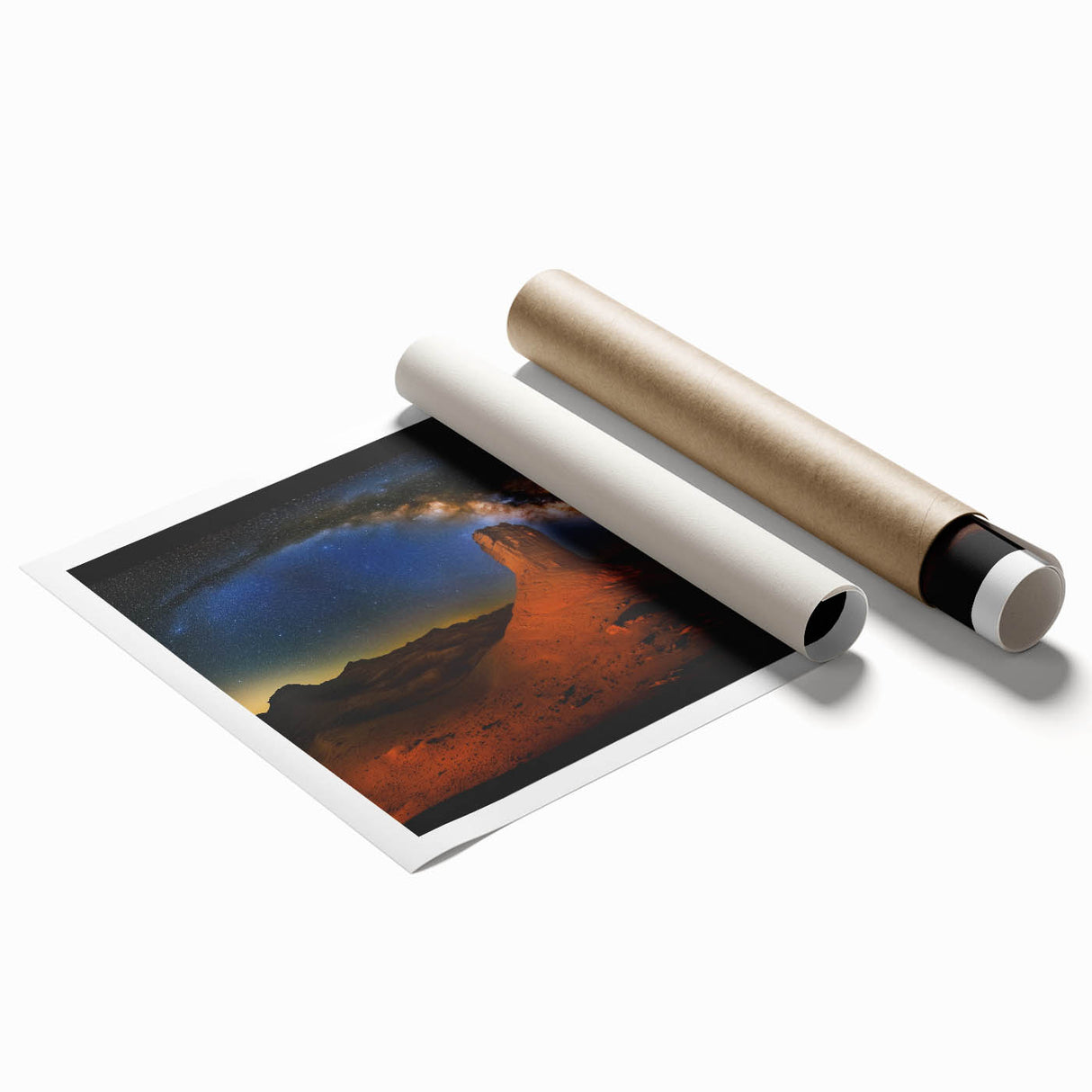 Vibrant rolled canvas print showcasing a desert landscape with warm tones of orange and yellow, beautifully capturing the essence of arid terrain and dramatic skies. Perfect for home decor enthusiasts seeking unique art pieces.