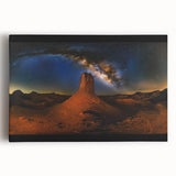 Desert landscape stretched canvas artwork showcasing vibrant orange and yellow hues of a sunset over sand dunes, framed for elegant display in home decor.