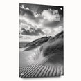 Acrylic glass artwork showcasing a stunning side view of serene dunes, featuring soft beige and gold tones, elegantly mounted with pins for a modern display.