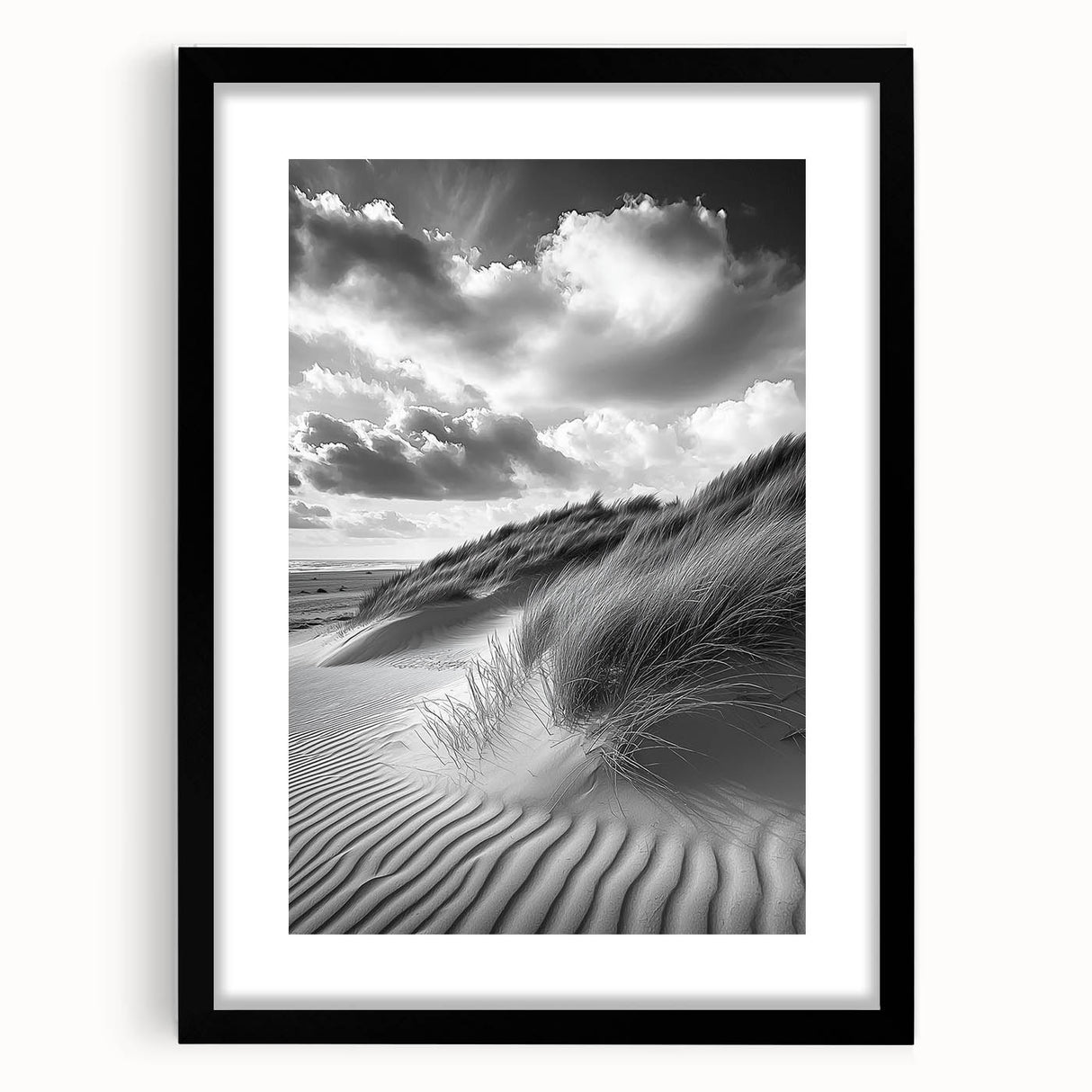Framed landscape art print showcasing serene sand dunes in neutral tones, elegantly matted and presented in a sleek black frame, ideal for modern home decor.